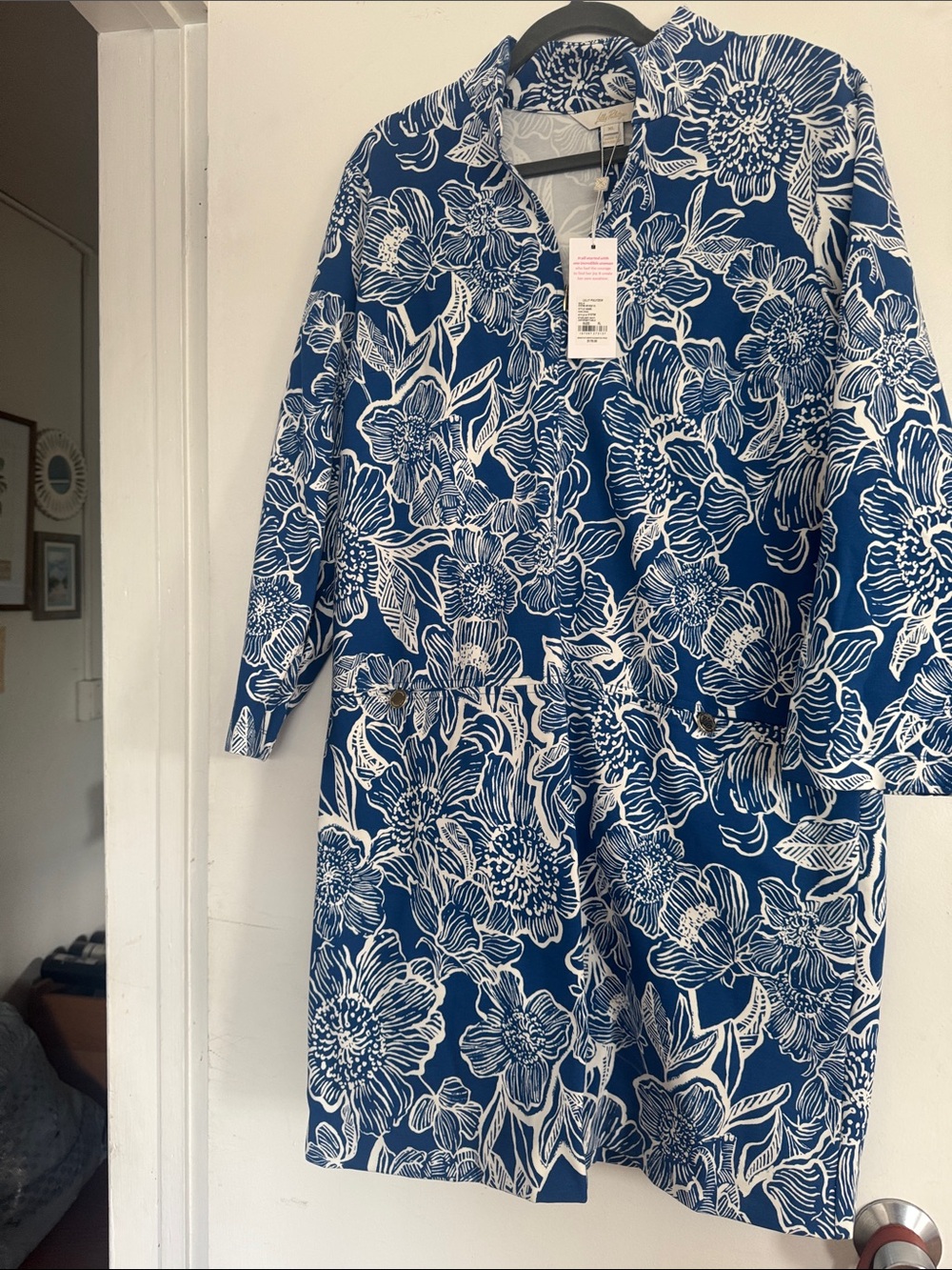 Lilly Pulitzer Blue and White Floral Trench Coat